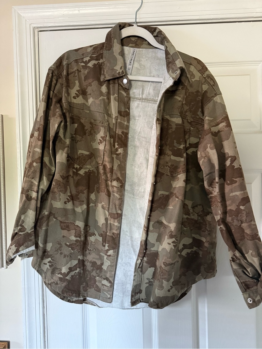 Camouflage Button-Up Shacket in Olive & Brown